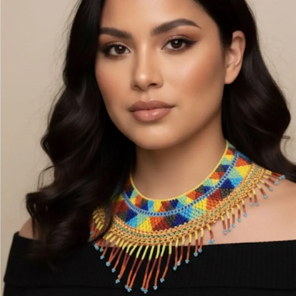 New Beautiful Handmade Colorful Beaded Mexican Collar Necklace - Picture 4 of 7